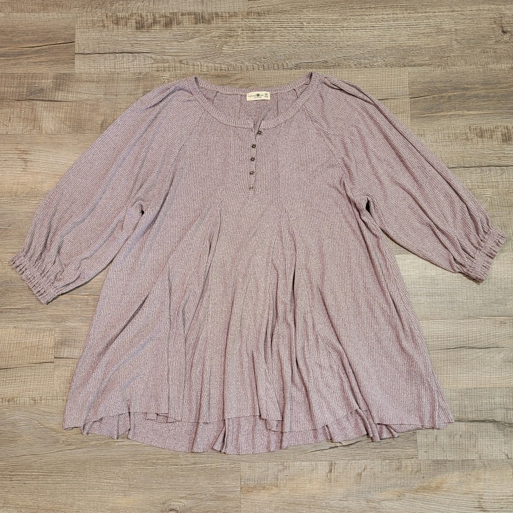 Natural Life Oversized One Size Slouchy Henley Top Purple Thermal Bohemian Top